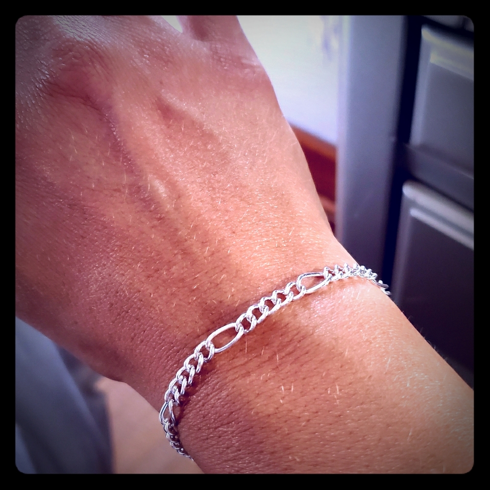 14K White Gold Plated Figaro Necklace & Bracelet S